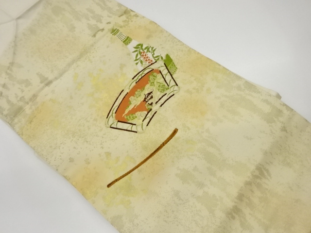 JAPANESE KIMONO / VINTAGE NAGOYA OBI / WOVEN SCENERY OF TEMPLE & FLOWER VASE
